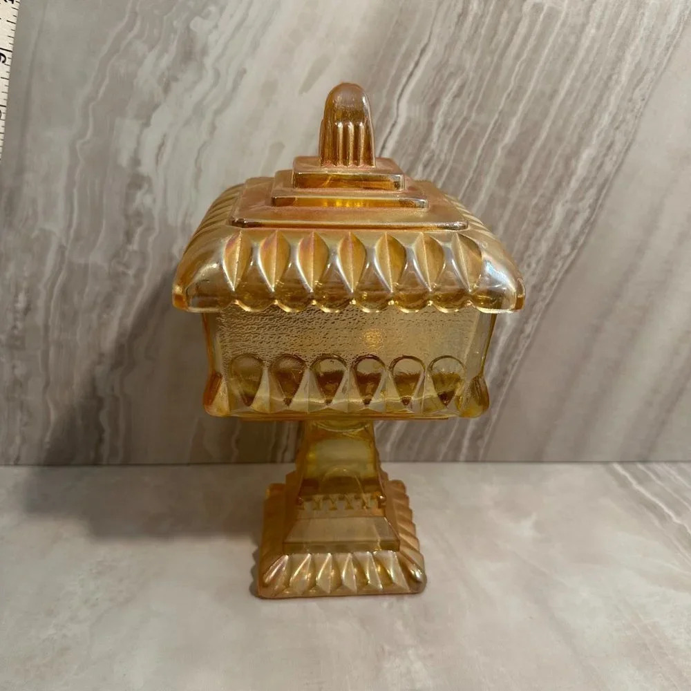Vintage Candy Dish Iridescent Carnival Glass Lidded Pedestal Wedding Cake Box